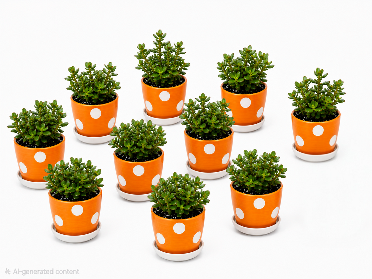 10 Jade Plants - Ceramic Polka Dots Pot