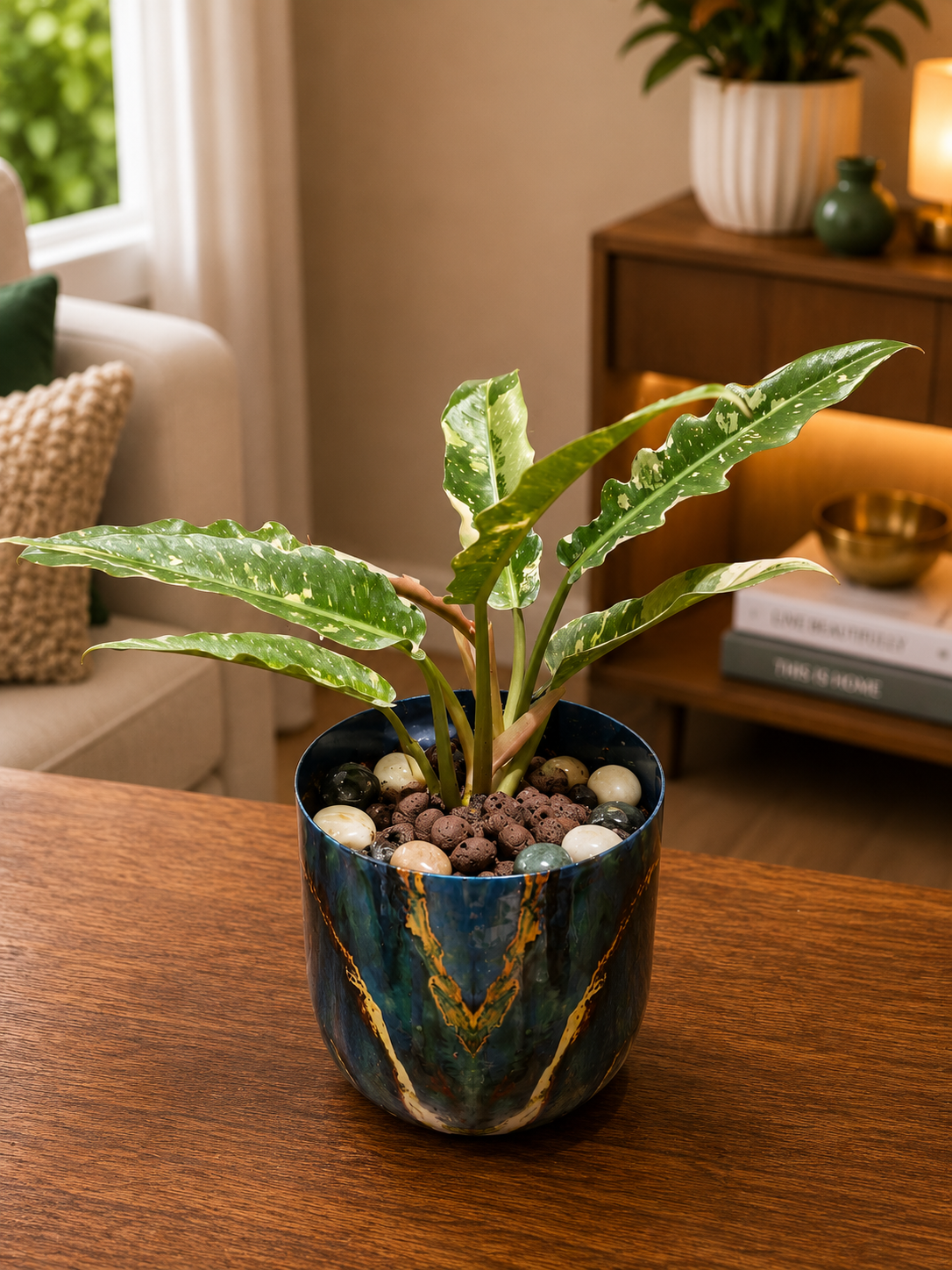 Philodendron Ring Of Fire - Blue Marble Texture Metal Pot